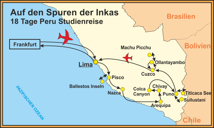 Route der Rundreise nach Peru inkl. Inka Trail